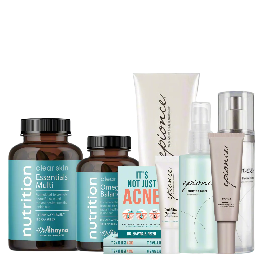 Ultimate Clear Skin Bundle featuring Clear Skin Nutrition, Pore Purifying products, and the book 'It's Not Just Acne' by Dr. Shayna Peter for comprehensive acne treatment and skin clarity improvement.