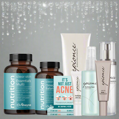 Ultimate Clear Skin Bundle featuring Clear Skin Nutrition, Pore Purifying products, and the book 'It's Not Just Acne' by Dr. Shayna Peter for comprehensive acne treatment and skin clarity improvement.